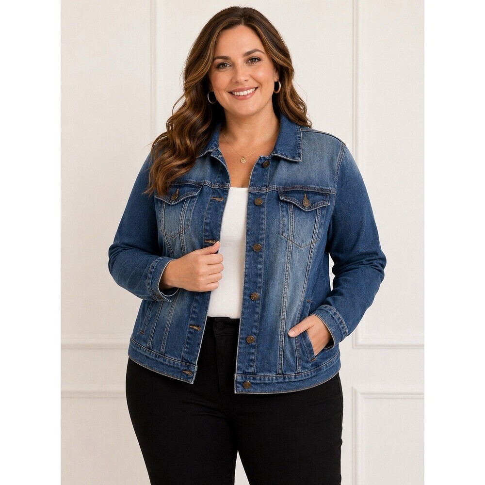 Bee & Ceci Women's Denim Jacket Size 2X Blue Trucker Long Sleeve Button Front